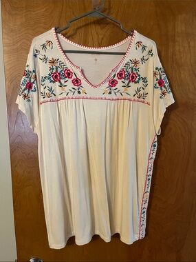 Ruff Hewn Cream Tunic with Pink & Green Floral Embroidery